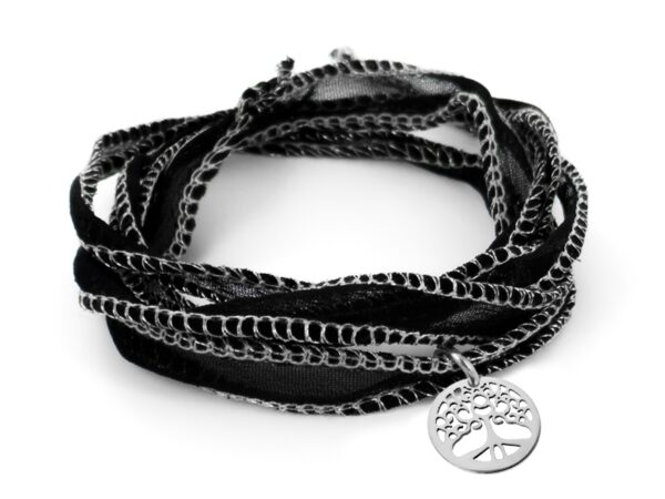 Bracelet soie noire arbre de vie acier