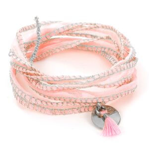 Bracelet soie rose pompon rose et petite médaille acier à personnaliser | Couleur pompon : Rose