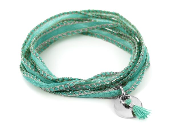 Bracelet soie turquoise pompon vert et petite médaille acier à personnaliser | Couleur pompon : Bleu