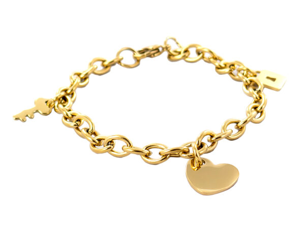 Bracelet chaîne acier doré clef, cadenas et coeur à personnaliser