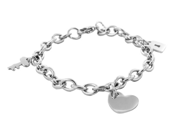 Bracelet chaîne acier clef, cadenas et coeur à personnaliser