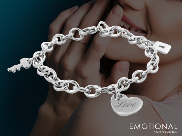 Bracelet chaîne acier clef, cadenas et coeur à personnaliser