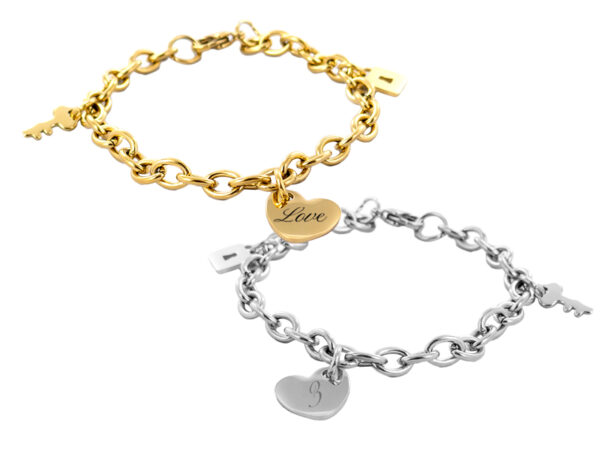 Bracelet chaîne acier doré clef, cadenas et coeur à personnaliser
