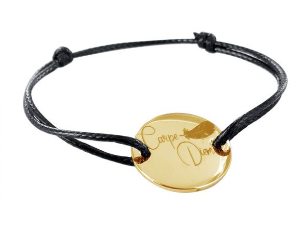 Bracelet cordon noir et médaille acier à personnaliser -