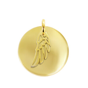 Pendentif grande médaille et aile d'ange acier doré à personnaliser
