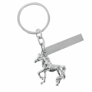 Porte-clés acier à personnaliser orné d'un pendentif cheval argenté et une grande plaque acier argenté