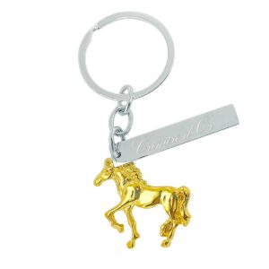 Porte-clés acier à personnaliser orné d'un pendentif cheval doré et une grande plaque acier argenté