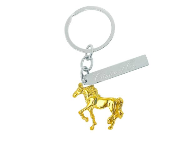 Porte-clés acier à personnaliser orné d'un pendentif cheval doré et une grande plaque acier argenté