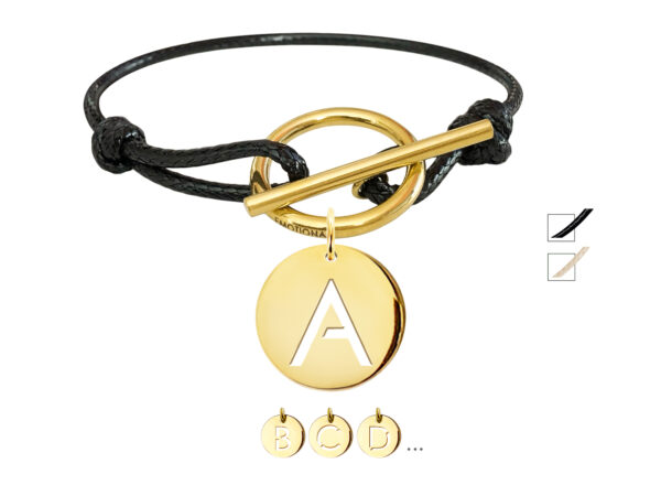 Bracelet cordon noir ajustable avec fermoir T et d'une pampille initiale en acier inoxydable doré