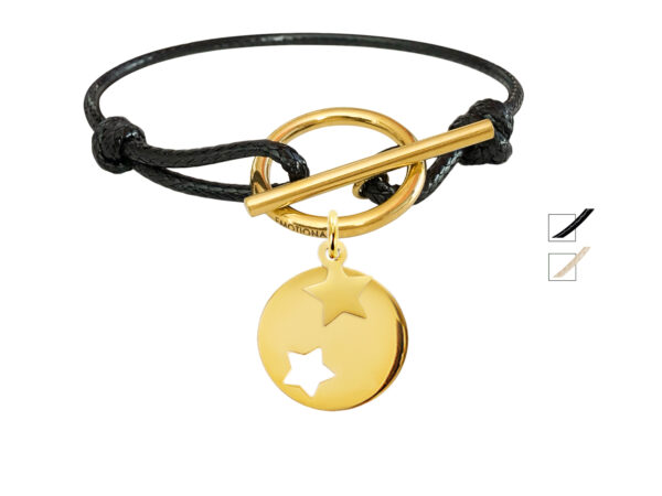 Bracelet cordon ajustable fermoir T médaille étoile et petite étoile acier dorée à personnaliser