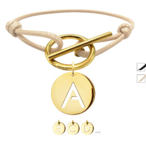 Bracelet cordon nude ajustable avec fermoir T et d'une pampille initiale en acier inoxydable doré