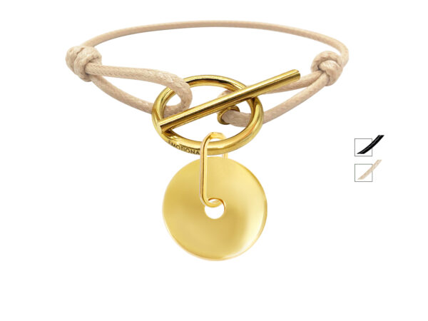 Bracelet cordon ajustable fermoir T médaille "cible" 22 mm dorée