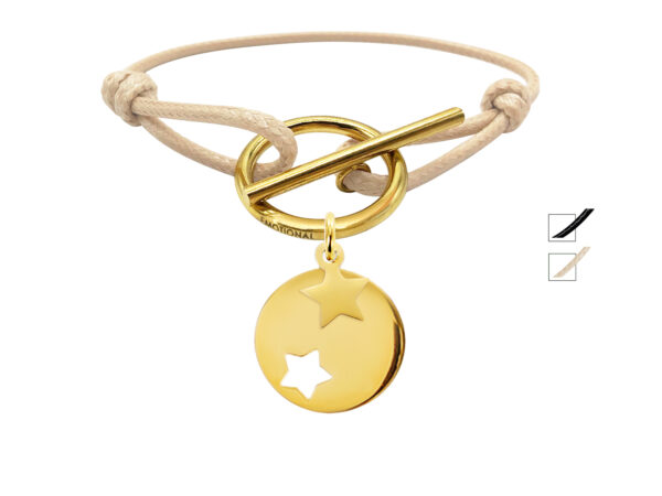 Bracelet cordon ajustable fermoir T médaille étoile et petite étoile acier dorée à personnaliser