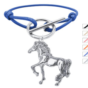 Bracelet cordon ajustable fermoir T pendentif cheval acier argenté