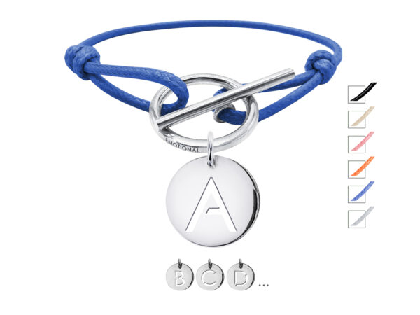 Bracelet cordon bleu ajustable avec fermoir T et d'une pampille initiale en acier inoxydable