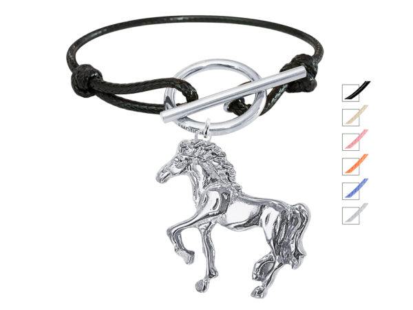Bracelet cordon ajustable fermoir T pendentif cheval acier argenté