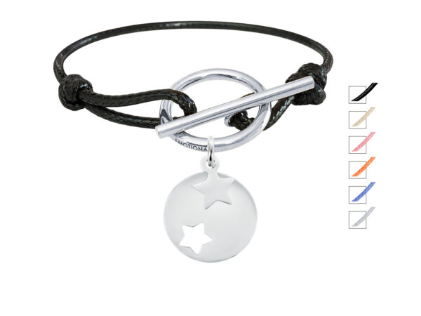 Bracelet cordon ajustable fermoir T médaille étoile et petite étoile acier argenté à personnaliser