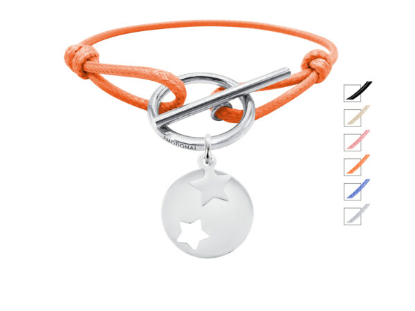 Bracelet cordon ajustable fermoir T médaille étoile et petite étoile acier argenté à personnaliser