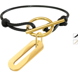 Bracelet cordon ajustable fermoir T pendentif ovale acier doré personnalisable