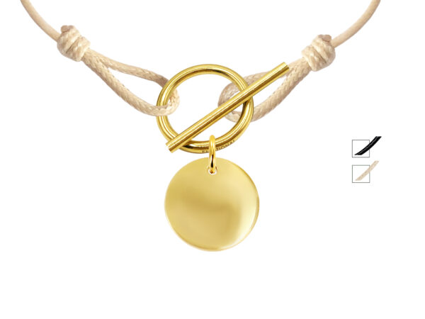 Collier cordon ajustable fermoir T médaille 20 mm doré