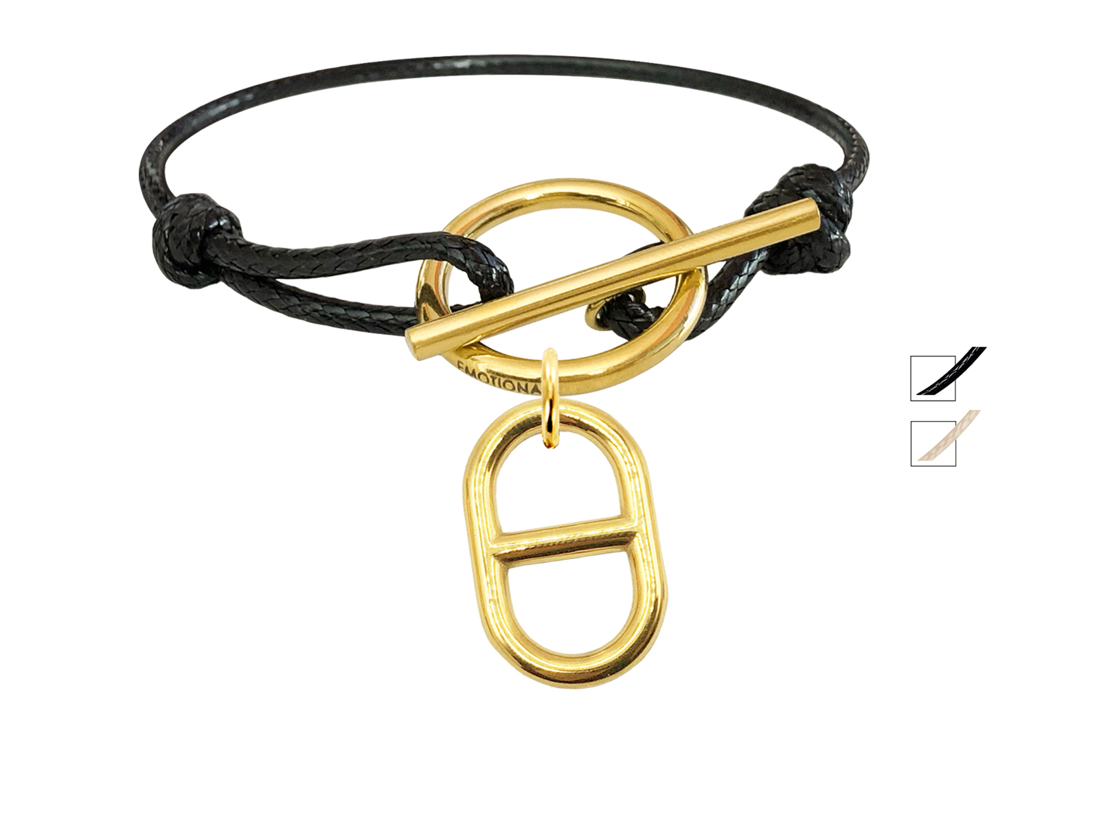 Bracelet cordon ajustable fermoir T avec pampille maille marine en acier inoxydable doré