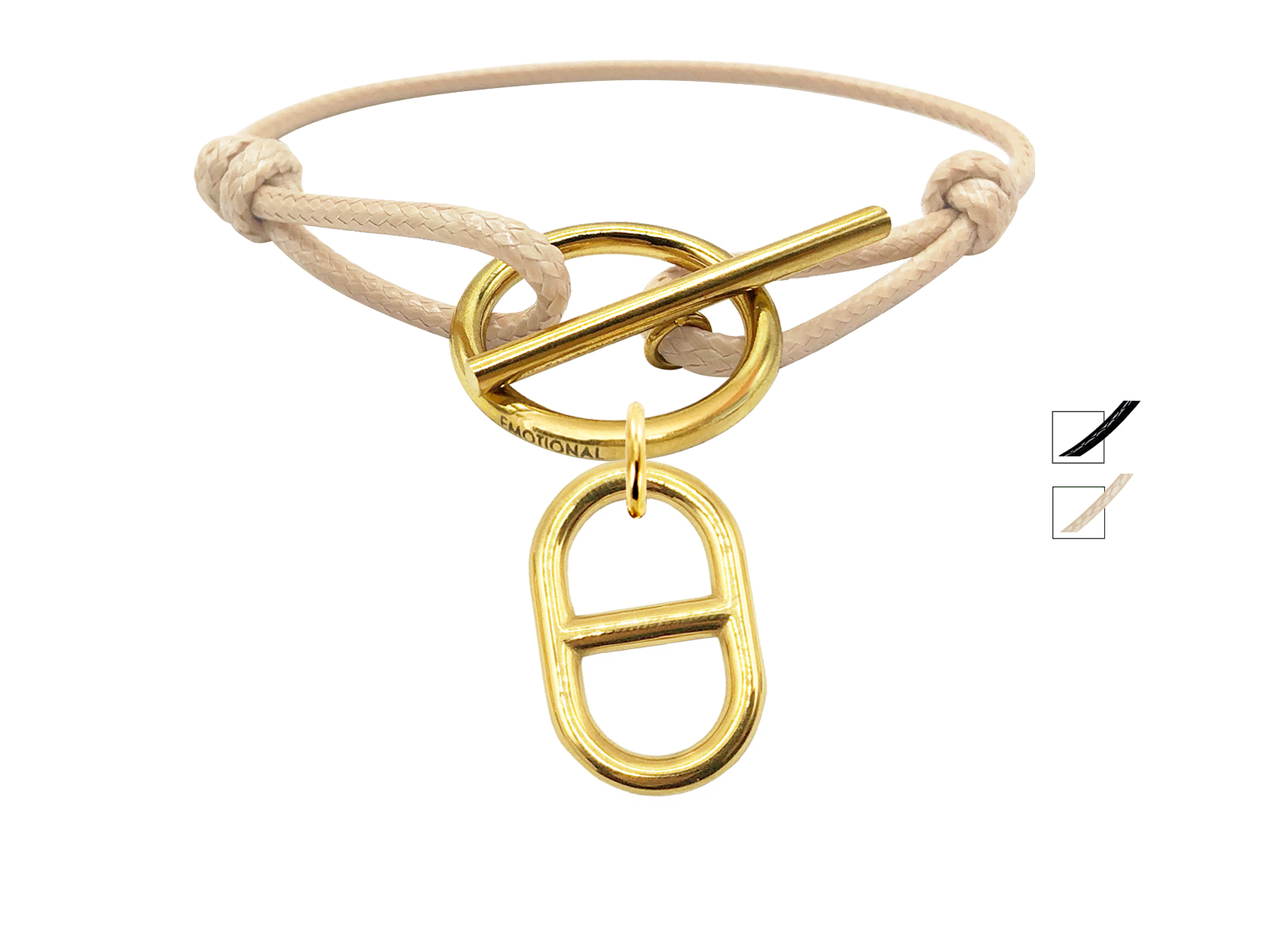 Bracelet cordon ajustable fermoir T avec pampille maille marine en acier inoxydable doré