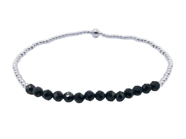 Bracelet élastique avec perles naturelles (Agate noire) et acier inoxydable argenté