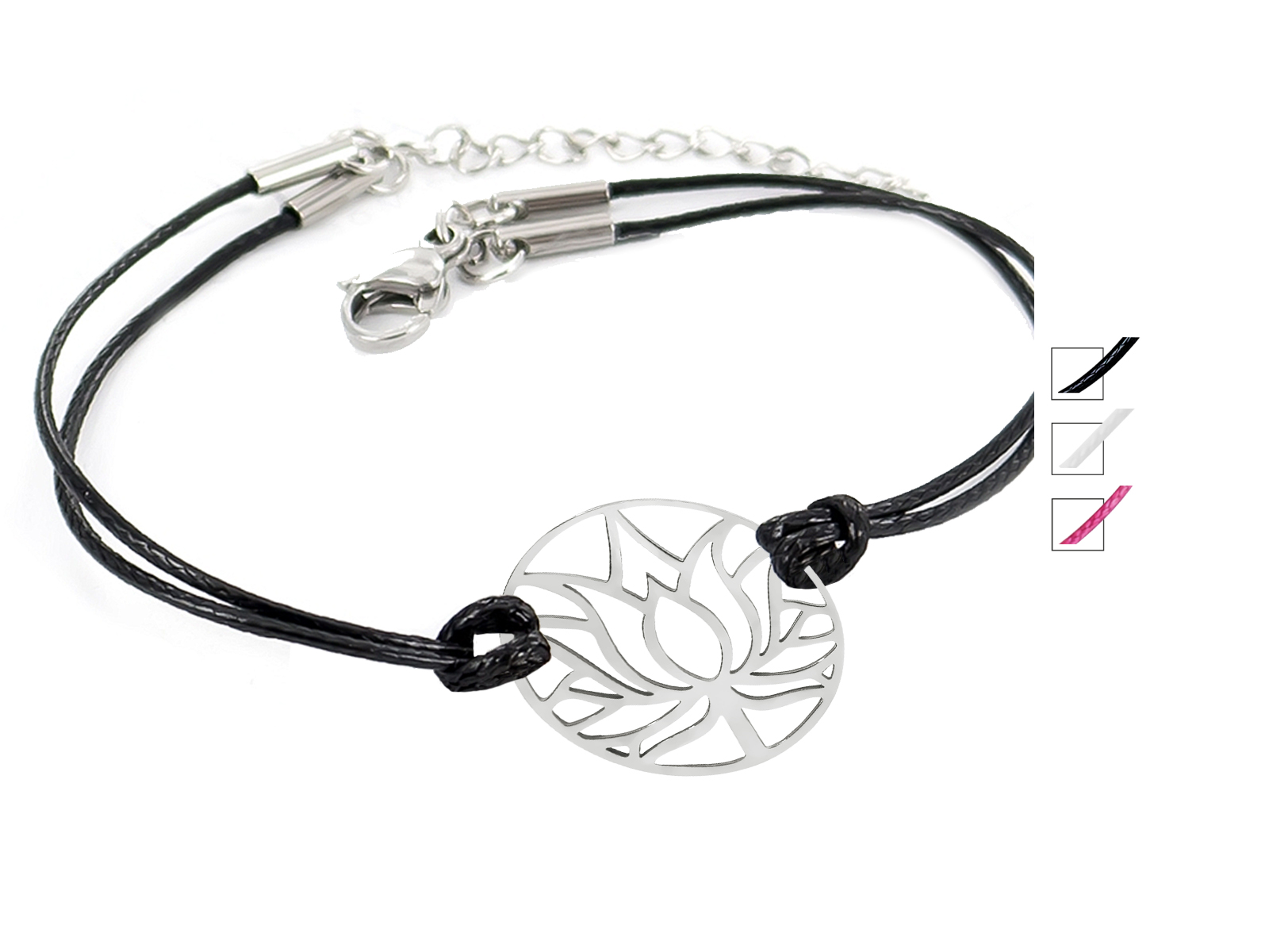 Bracelet double cordon avec pendentif fleur de lotus en acier inoxydable argenté