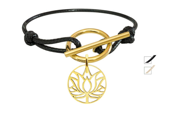 Bracelet cordon ajustable fermoir T avec pampille fleur de lotus en acier inoxydable doré