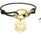 Bracelet cordon ajustable fermoir T avec pampille fleur de lotus en acier inoxydable doré
