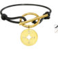 Bracelet cordon ajustable fermoir T avec pampille rose des vents en acier inoxydable doré