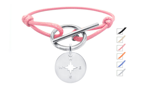 Bracelet cordon ajustable fermoir T avec pampille rose des vents en acier inoxydable argenté
