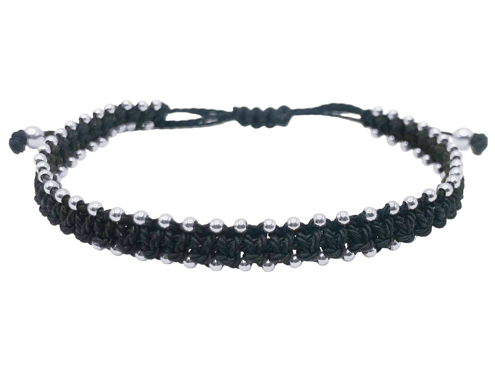 Bracelet macramé agrémenté de perles en acier inoxydable argenté