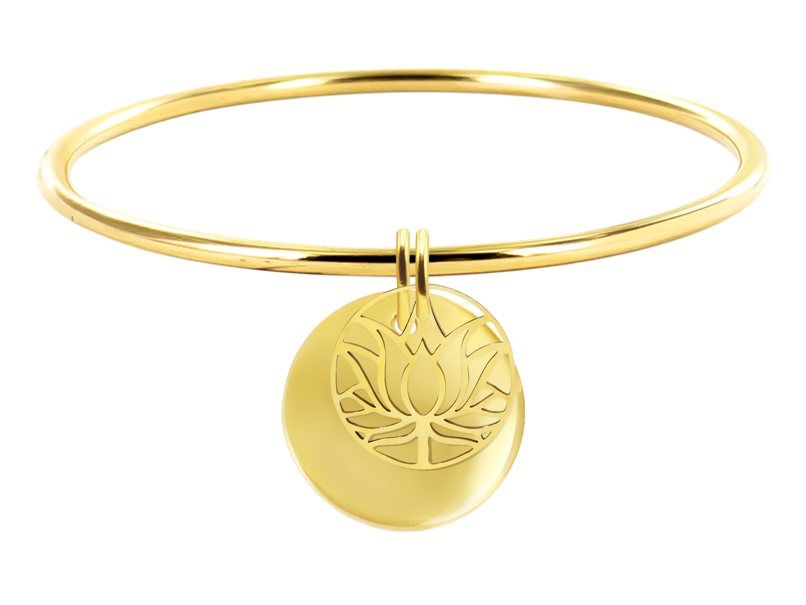 Jonc rigide avec médaille ronde à personnaliser et pampille fleur de lotus en acier inoxydable doré