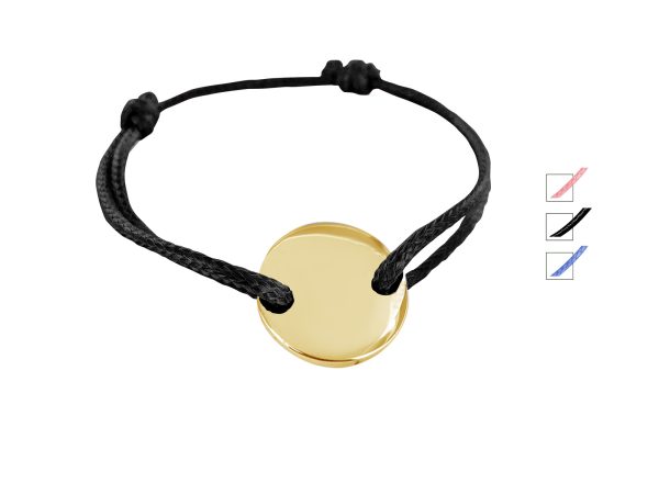 Bracelet cordon noir ajustable avec médaille ronde en acier inoxydable doré à personnaliser