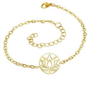 Bracelet chaine en acier 2 trous | 05 - Couleur du Métal doré / Orné d'un Pendentif fleur de lotus en acier inoxydable adoré
