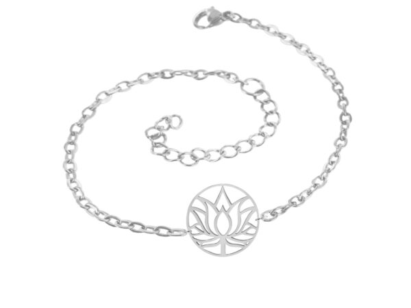 Bracelet chaine en acier 2 trous | 05 - Couleur du Métal argent/ Orné d'un Pendentif fleur de lotus en acier inoxydable argenté