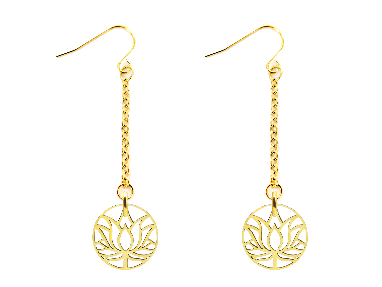 Boucles d'oreilles chaine acier 25mm agrémentées de pendentifs lotus en acier doré