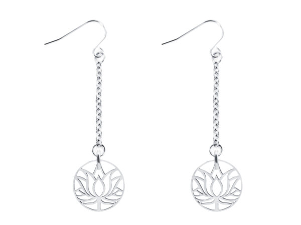 Boucles d'oreilles chaine acier 25mm agrémentées de pendentifs lotus en acier argenté