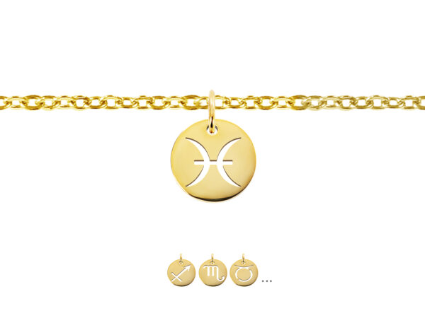 Bracelet chaînette agrémenté d'une pampille signe astrologique en acier inoxydable doré