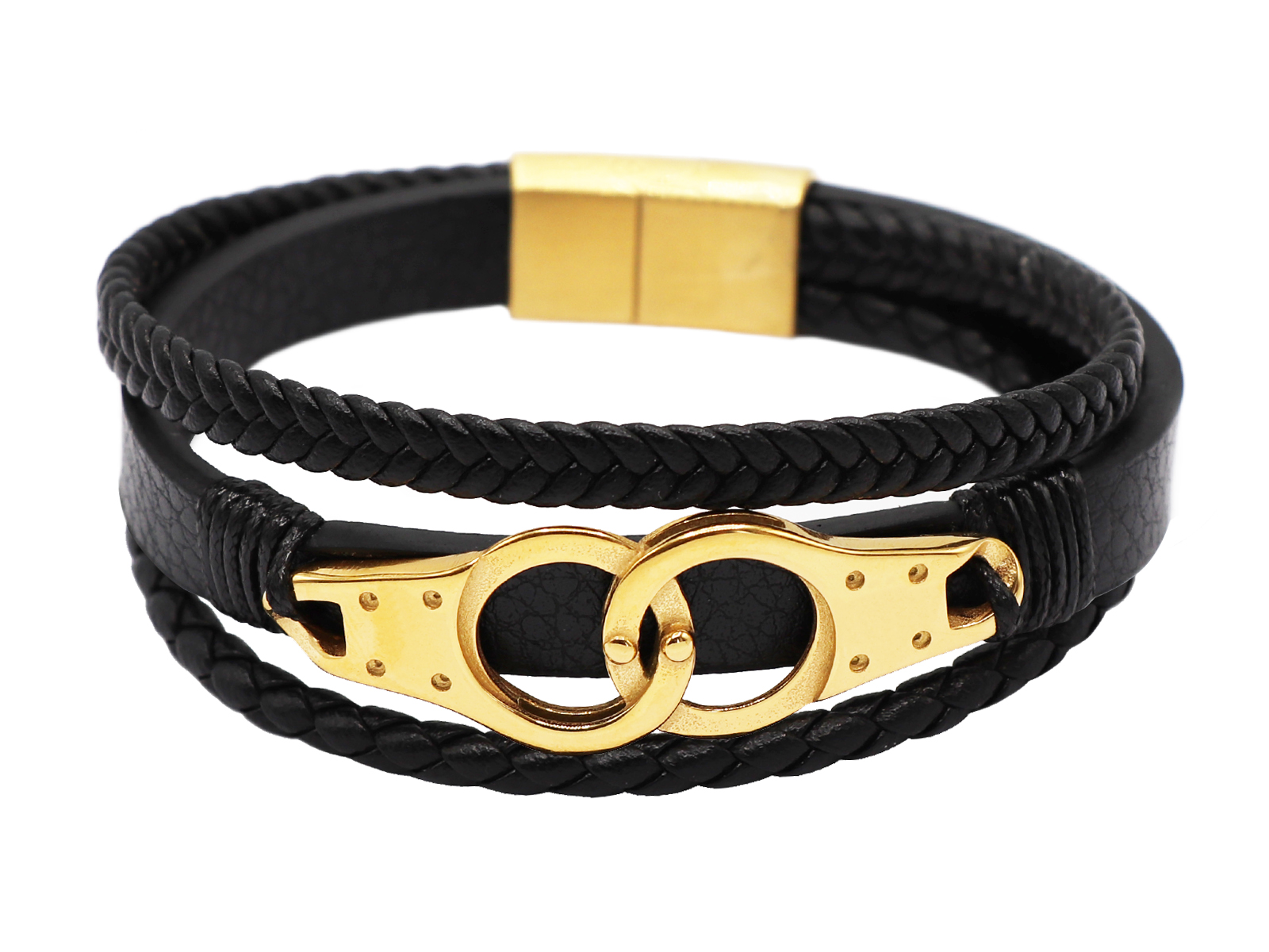Bracelet homme "menottes" cuir microfibre noir et acier inoxydable doré