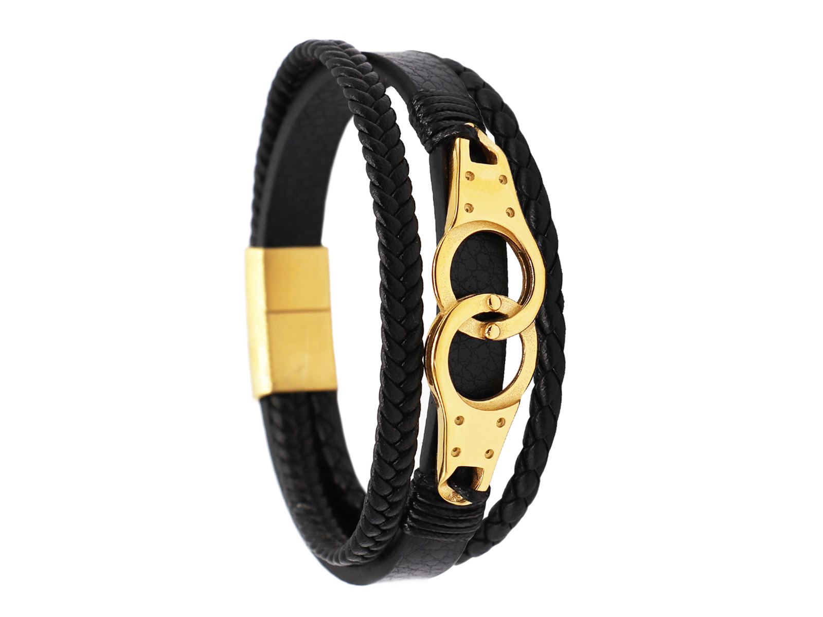 Bracelet homme "menottes" cuir microfibre noir et acier inoxydable doré
