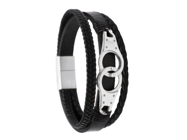 Bracelet homme "menottes" cuir microfibre noir et acier inoxydable argenté