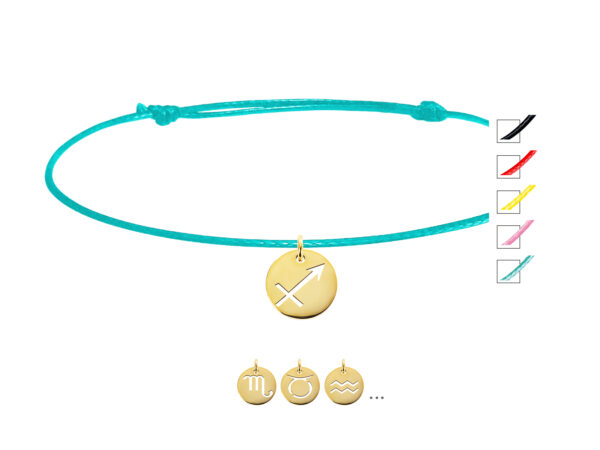 Bracelet ajustable coloré décoré d'une pampille signe astrologique en acier inoxydable doré