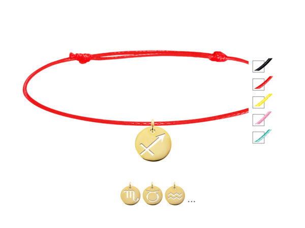 Bracelet ajustable coloré décoré d'une pampille signe astrologique en acier inoxydable doré