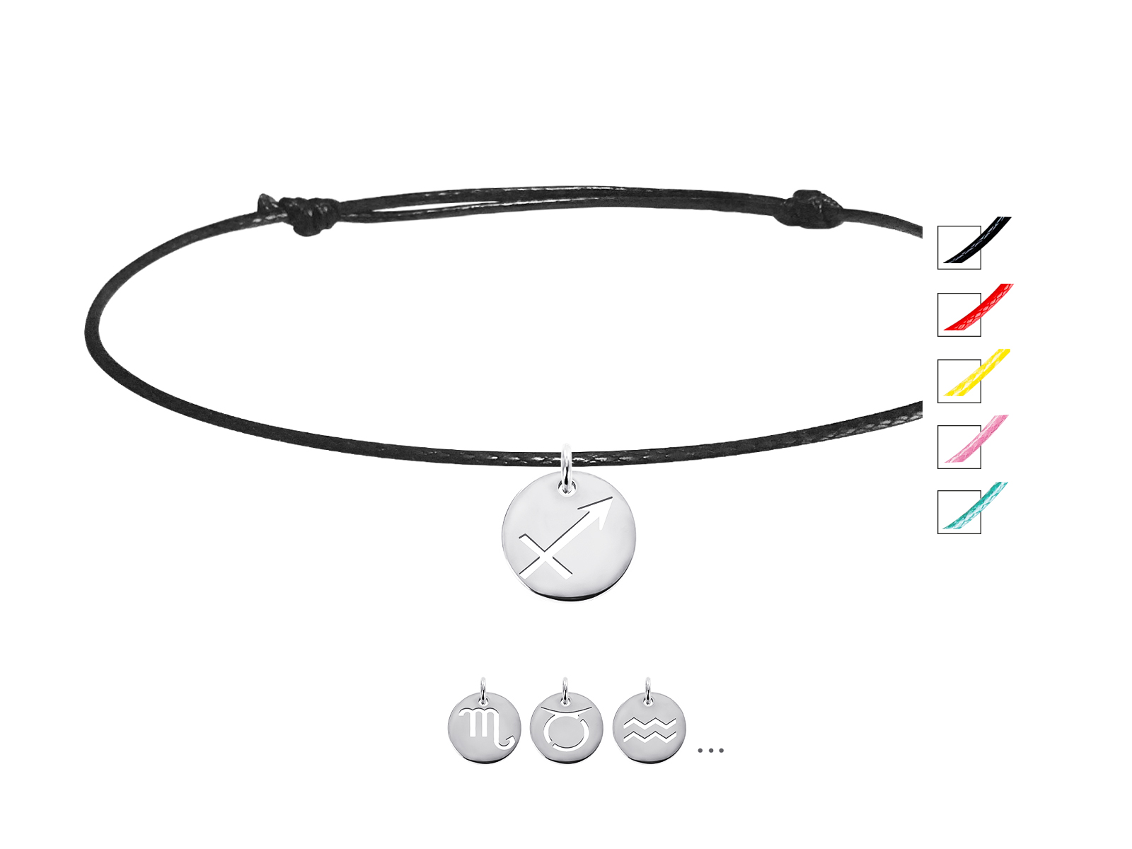 Bracelet ajustable coloré décoré d'une pampille signe astrologique en acier inoxydable argenté
