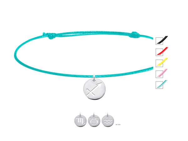 Bracelet ajustable coloré décoré d'une pampille signe astrologique en acier inoxydable argenté