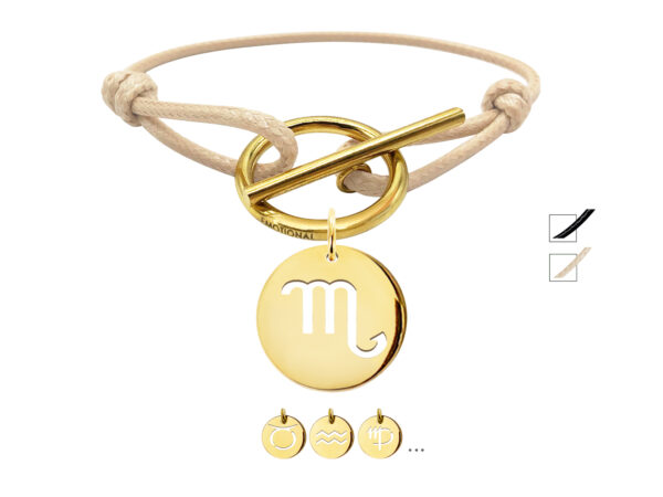 Bracelet cordon ajustable nude avec fermoir T agrémenté d'une pampille signe astrologique en acier inoxydable doré