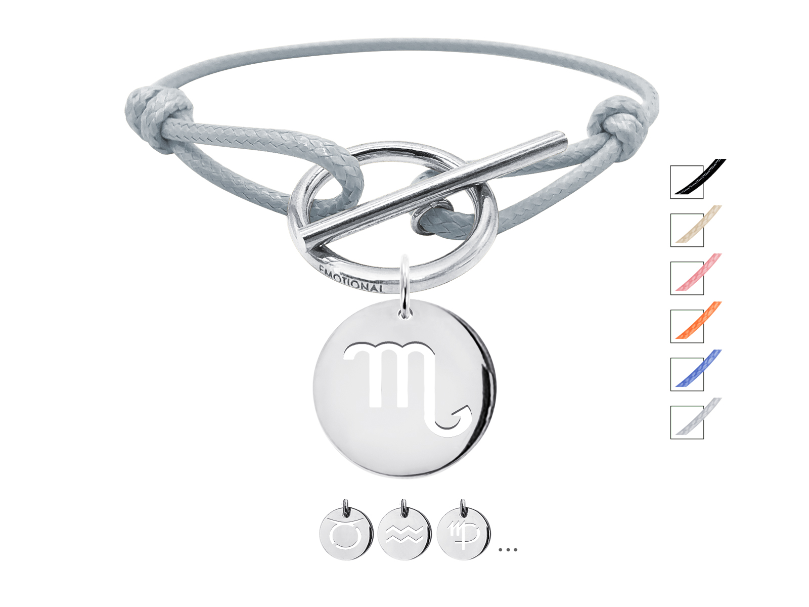 Bracelet cordon ajustable gris avec fermoir T agrémenté d'une pampille signe astrologique en acier inoxydable argenté