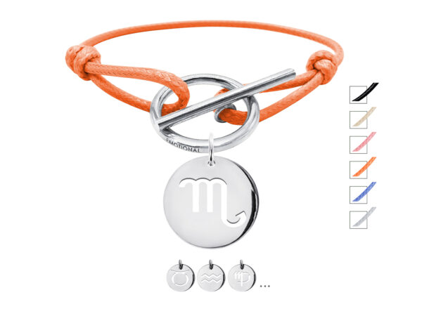 Bracelet cordon ajustable orange avec fermoir T agrémenté d'une pampille signe astrologique en acier inoxydable argenté